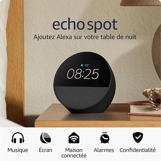 Amazon Echo Spot (Nouvelle Génération) – Réveil Connecté Alexa | Noir